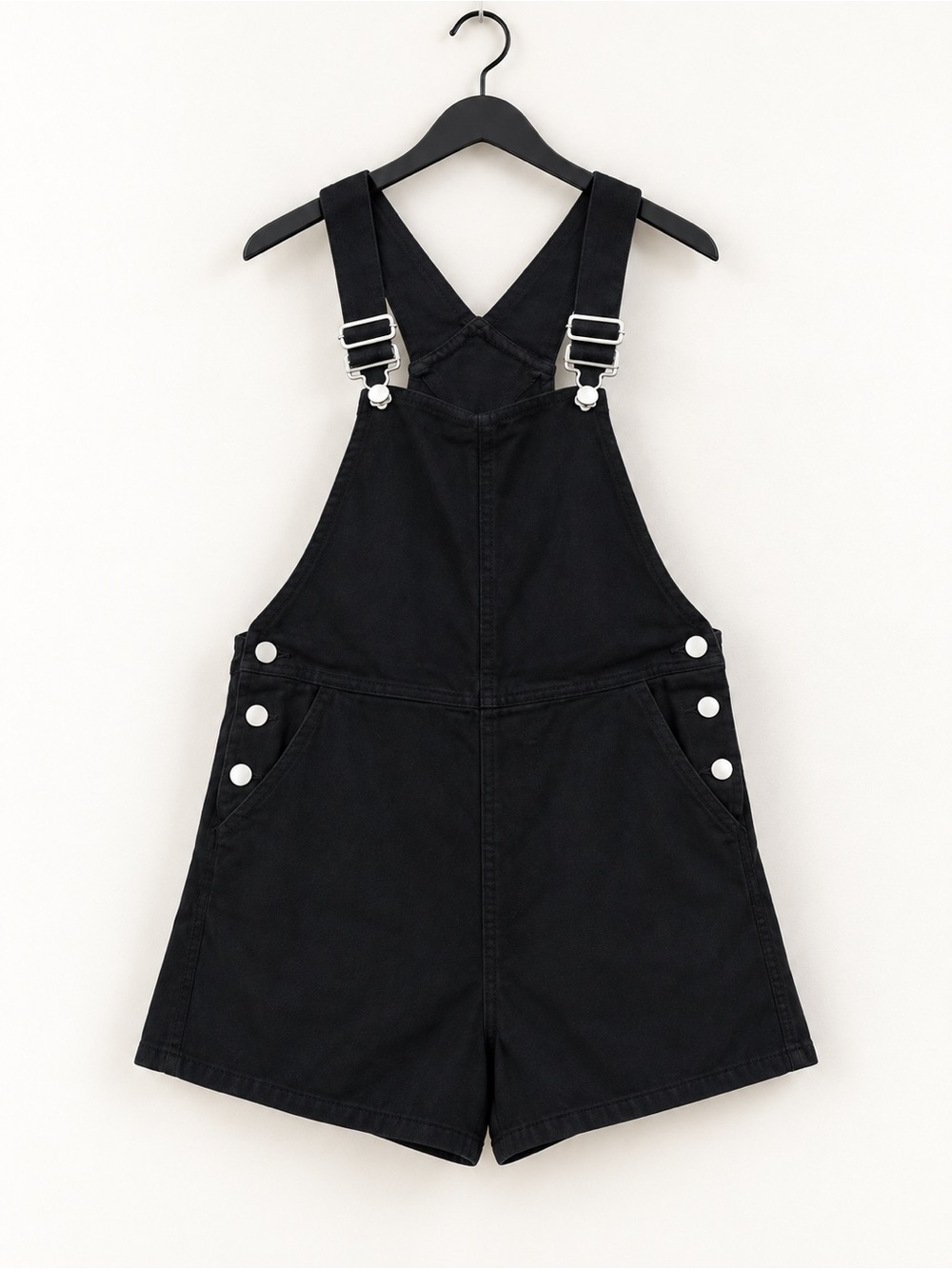 Black Short Overalls Romper with Silver Hardware
